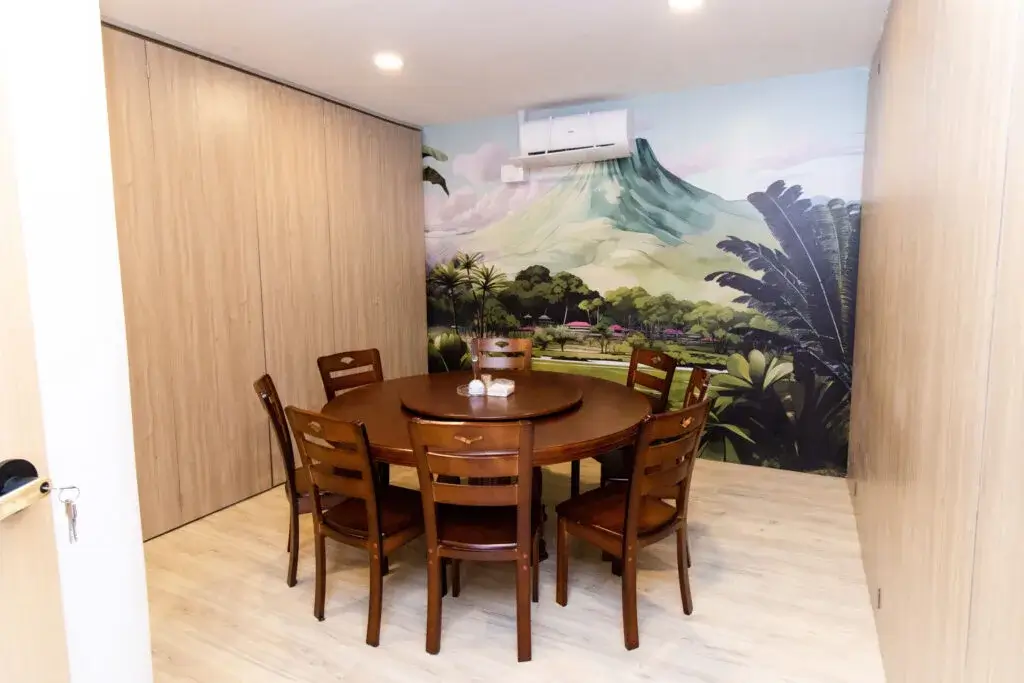 Private dining room with mountain mural